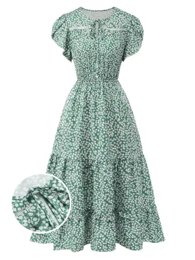 Green 1950s Lace-Up Collar Ditsy Floral Dress