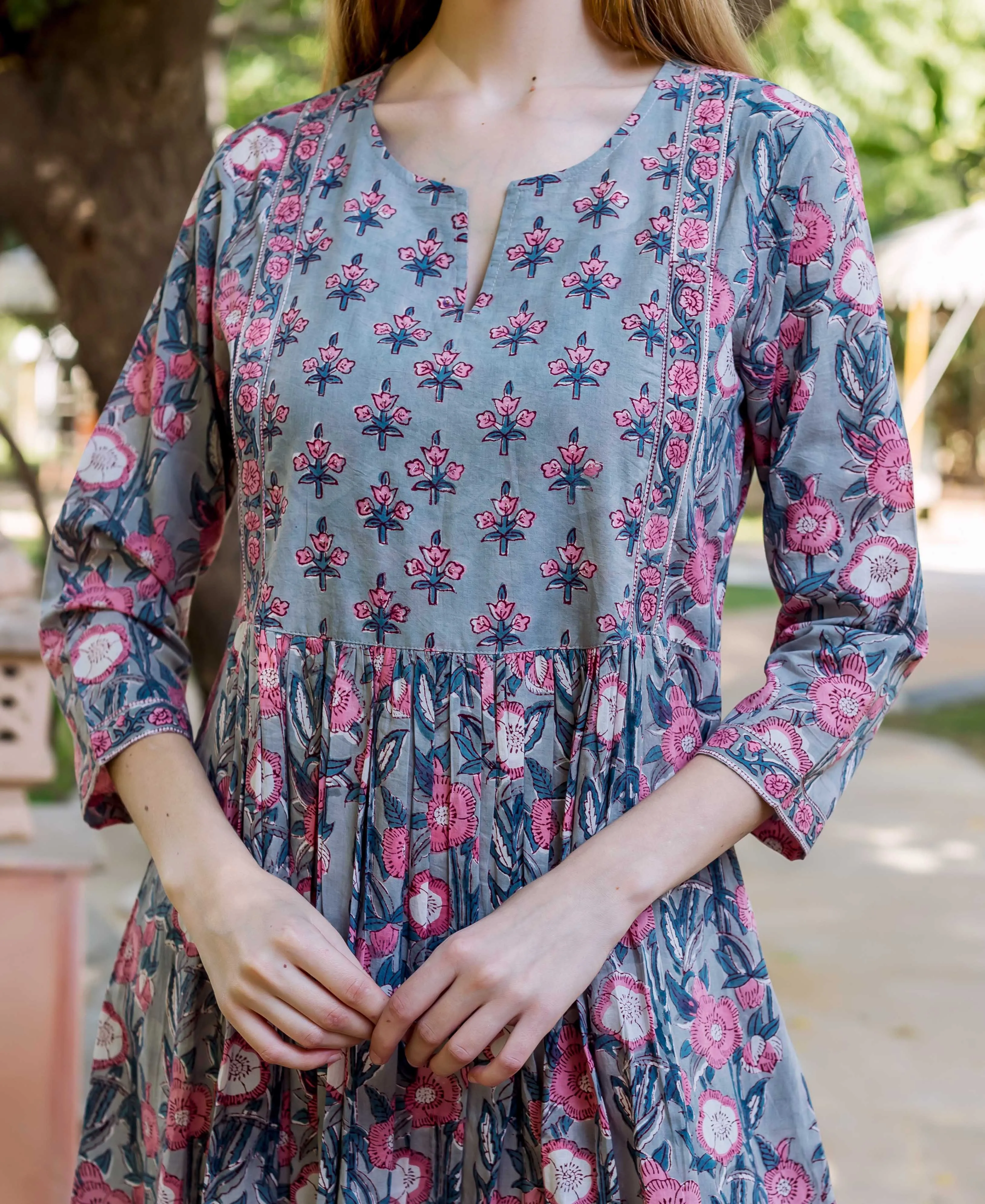 Grey and Pink Hand Block Printed Maternal and  Nursing Dress