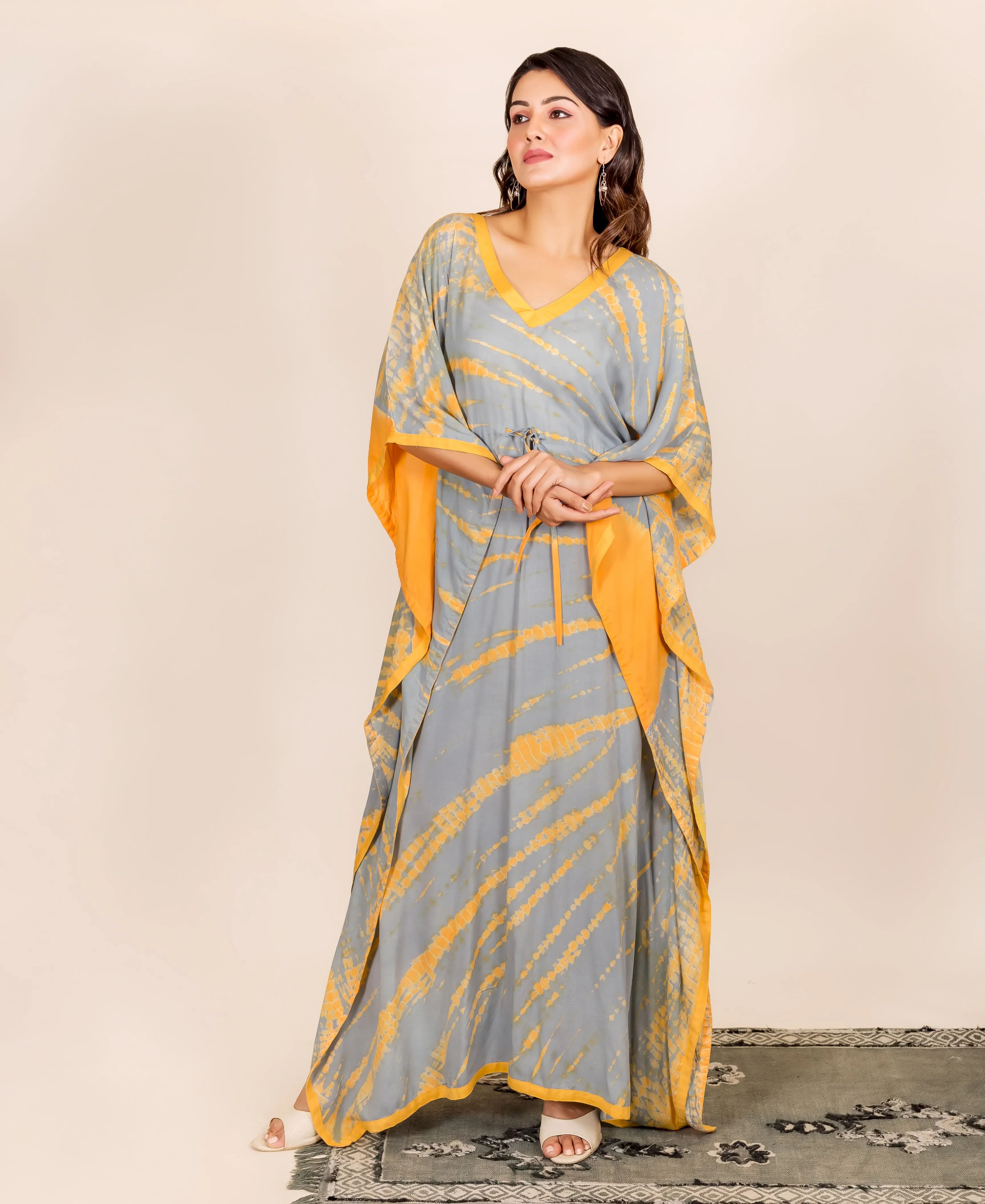 Grey and Yellow Tie and Dye Kaftan With Adjustable Waist Line