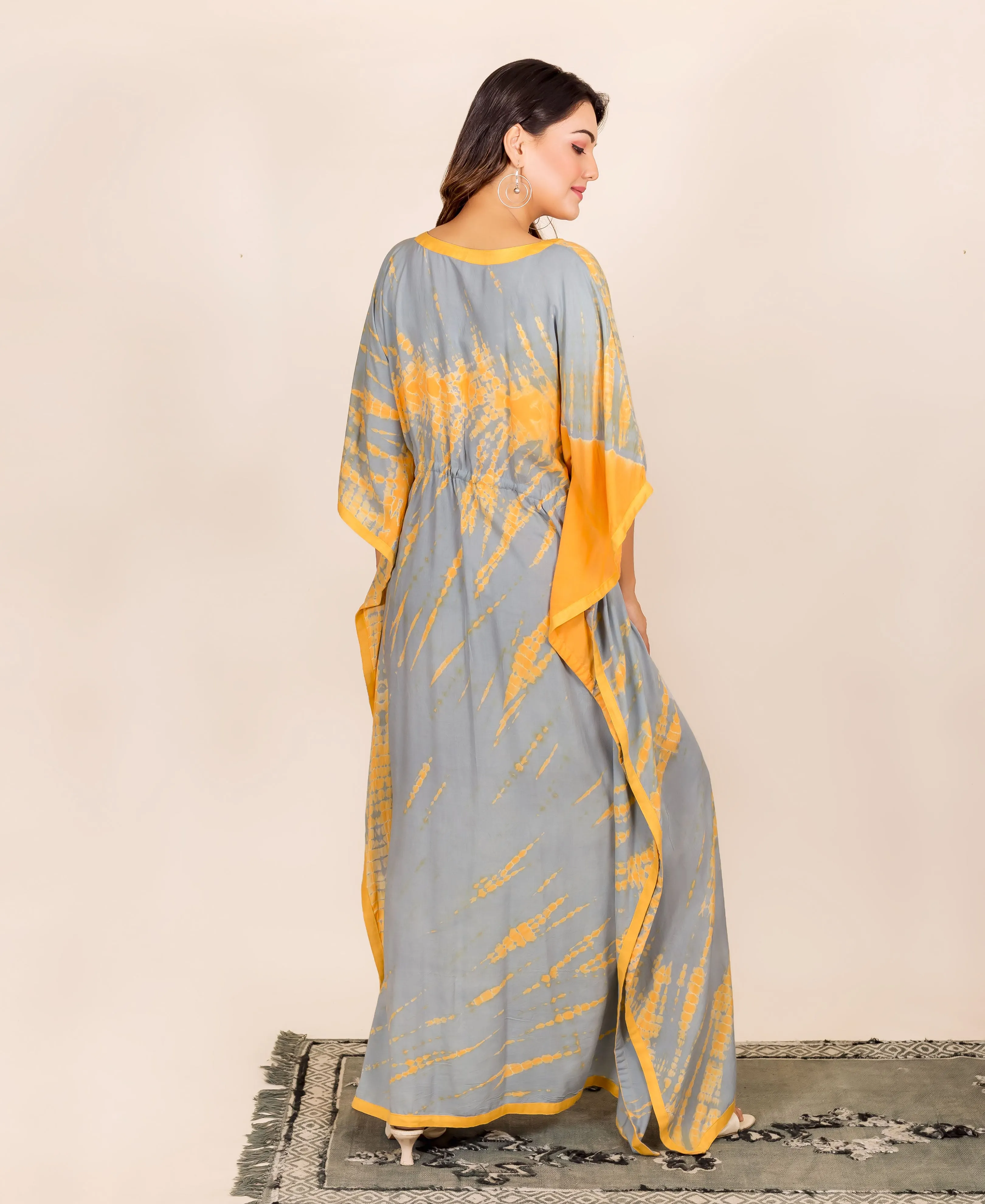 Grey and Yellow Tie and Dye Kaftan With Adjustable Waist Line