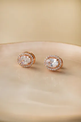 Halo Oval Rose Gold Plated  Solitaire Sterling Silver Earrings