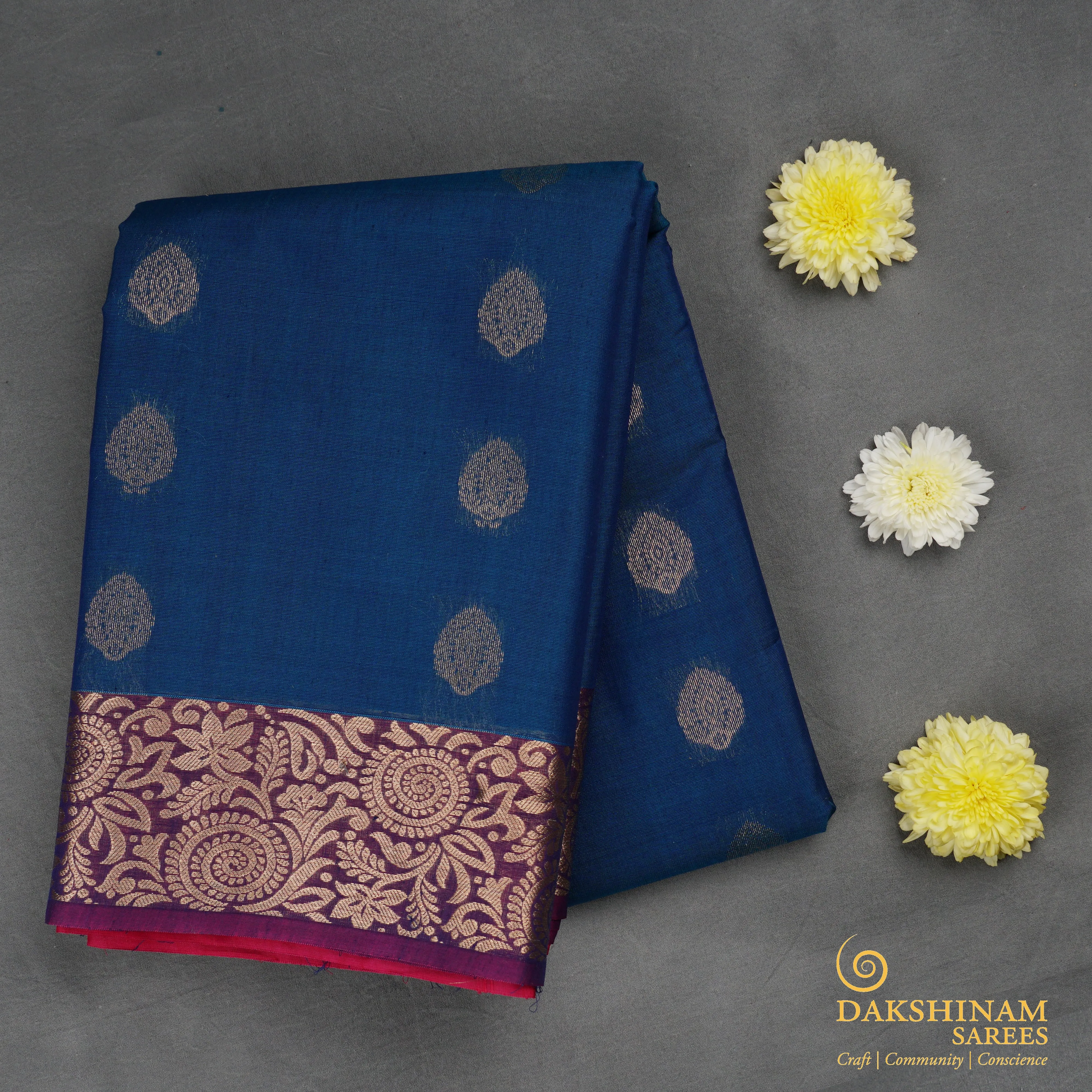 Handwoven Blue with Pink Silk Cotton Saree - 1734T007447DSC