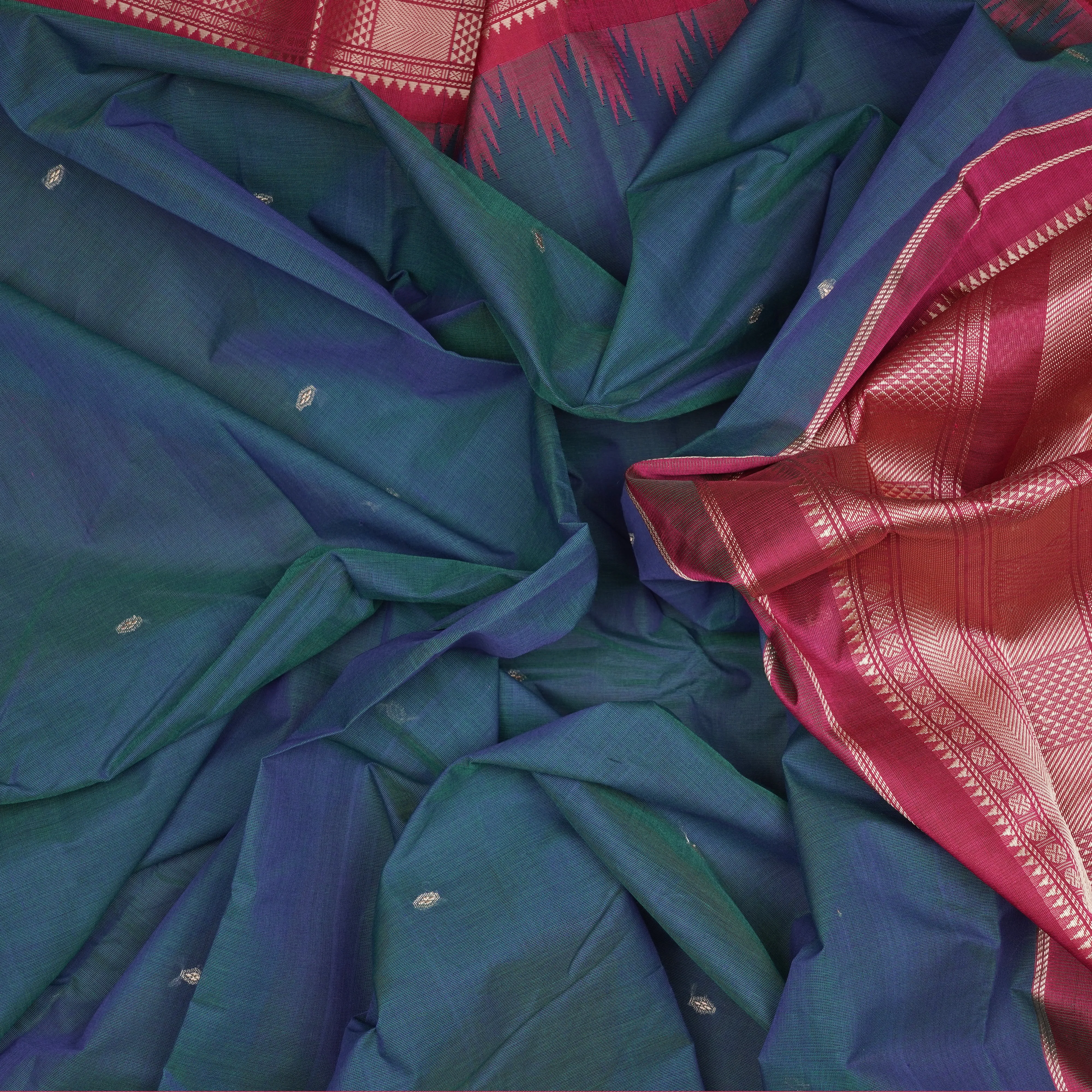 Handwoven Blue with Red Kanchipuram Silk Cotton Saree - 2188T010889DSC