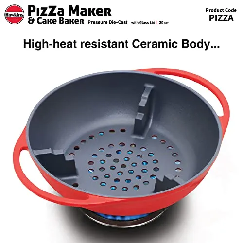 Hawkins Pizza Maker and Cake Baker with Glass Lid, Gas Oven, Pizza Oven Toaster Griller Tandoor Barbecue, Cake Baking Pan, Red (PIZZA)