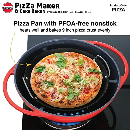 Hawkins Pizza Maker and Cake Baker with Glass Lid, Gas Oven, Pizza Oven Toaster Griller Tandoor Barbecue, Cake Baking Pan, Red (PIZZA)