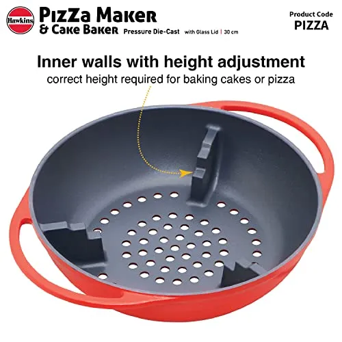 Hawkins Pizza Maker and Cake Baker with Glass Lid, Gas Oven, Pizza Oven Toaster Griller Tandoor Barbecue, Cake Baking Pan, Red (PIZZA)