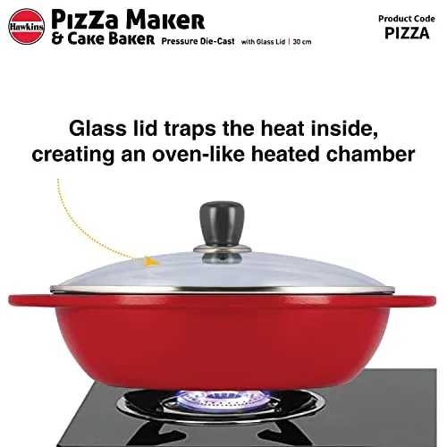 Hawkins Pizza Maker and Cake Baker with Glass Lid, Gas Oven, Pizza Oven Toaster Griller Tandoor Barbecue, Cake Baking Pan, Red (PIZZA)