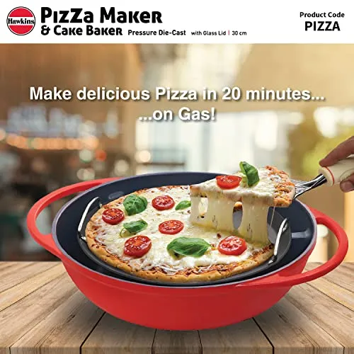 Hawkins Pizza Maker and Cake Baker with Glass Lid, Gas Oven, Pizza Oven Toaster Griller Tandoor Barbecue, Cake Baking Pan, Red (PIZZA)