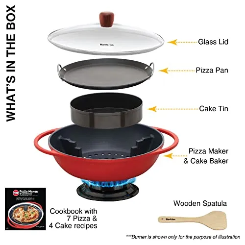 Hawkins Pizza Maker and Cake Baker with Glass Lid, Gas Oven, Pizza Oven Toaster Griller Tandoor Barbecue, Cake Baking Pan, Red (PIZZA)