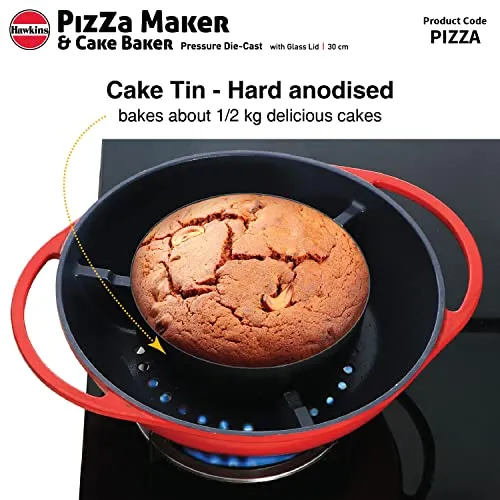 Hawkins Pizza Maker and Cake Baker with Glass Lid, Gas Oven, Pizza Oven Toaster Griller Tandoor Barbecue, Cake Baking Pan, Red (PIZZA)