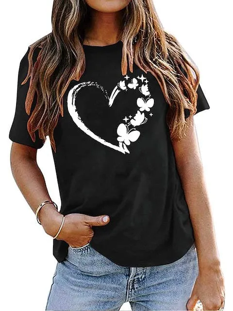 Heart Butterfly Print 100% Cotton Women's T-shirt Peace Green & Black White Basic Short Sleeve