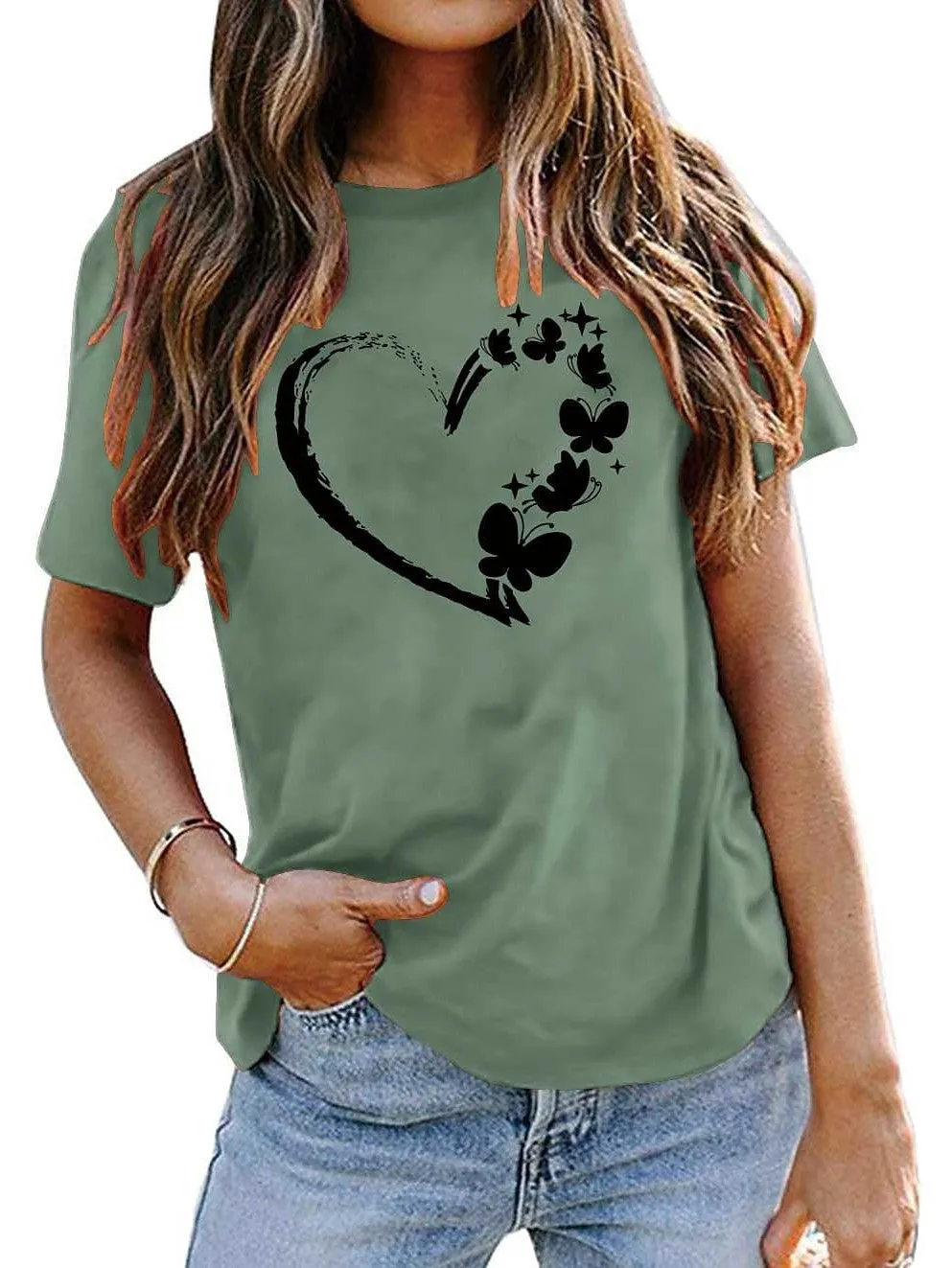 Heart Butterfly Print 100% Cotton Women's T-shirt Peace Green & Black White Basic Short Sleeve