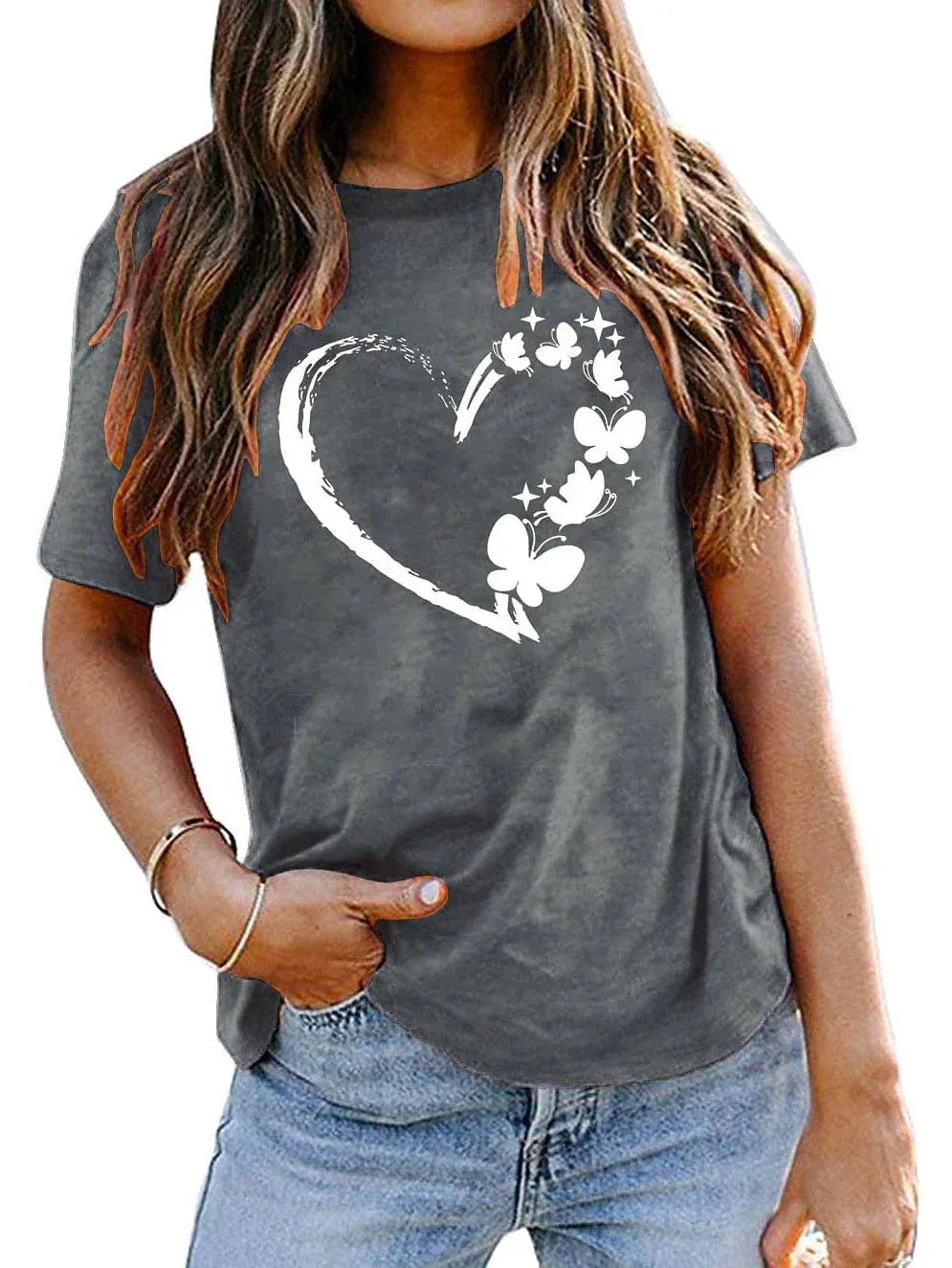 Heart Butterfly Print 100% Cotton Women's T-shirt Peace Green & Black White Basic Short Sleeve