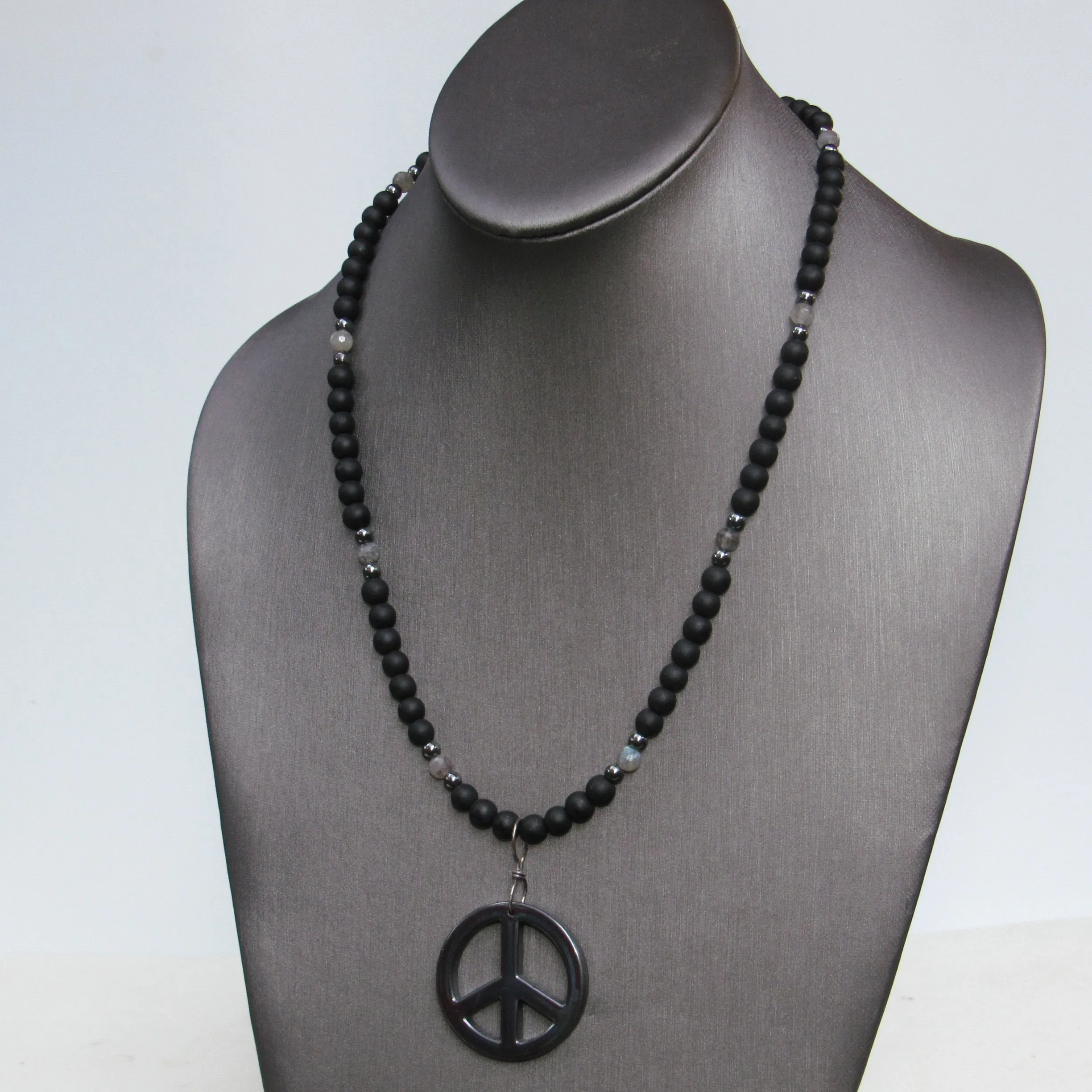 Hematite Peace Sign, Labradorite, Matte Onyx and Oxidized Sterling Silver Necklace