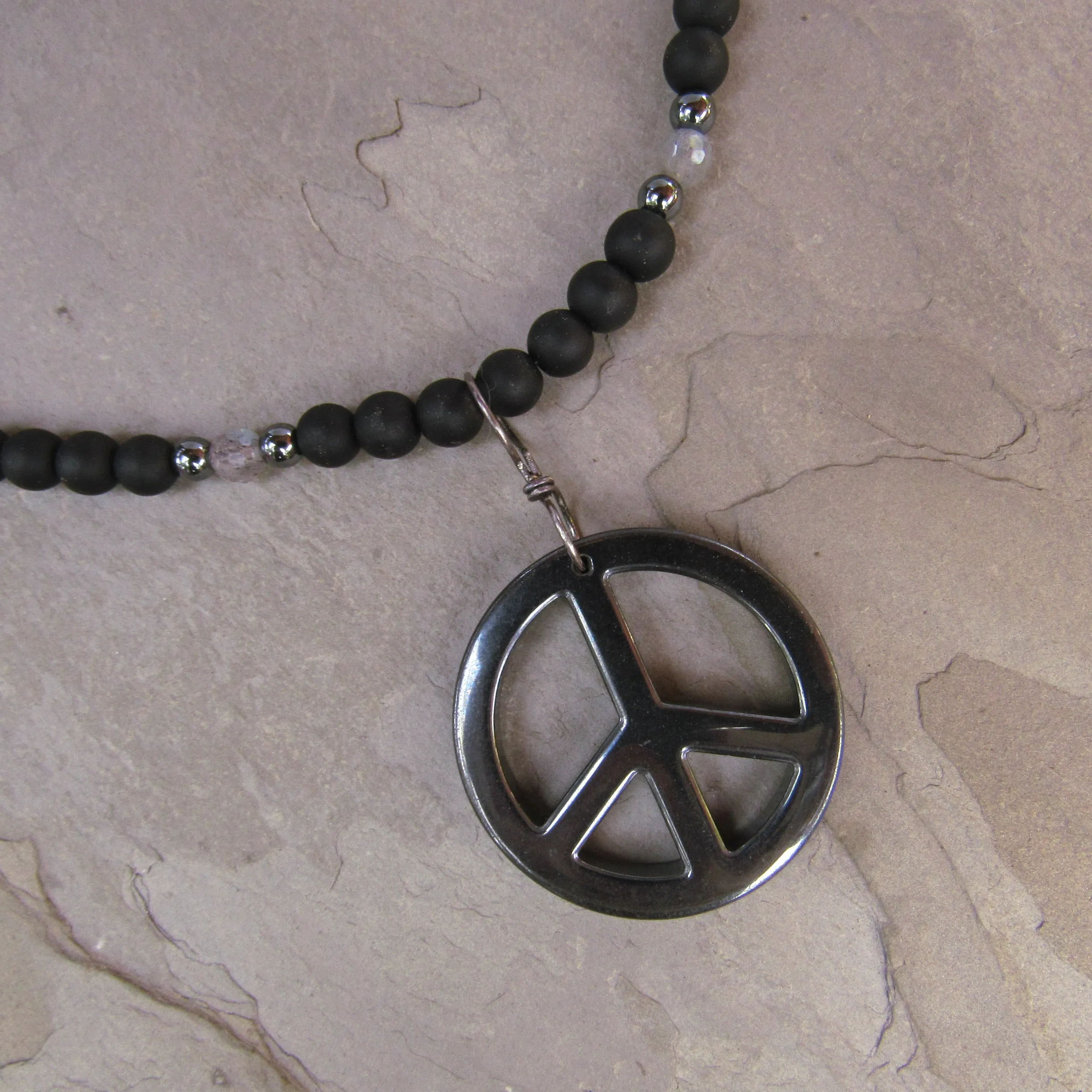 Hematite Peace Sign, Labradorite, Matte Onyx and Oxidized Sterling Silver Necklace