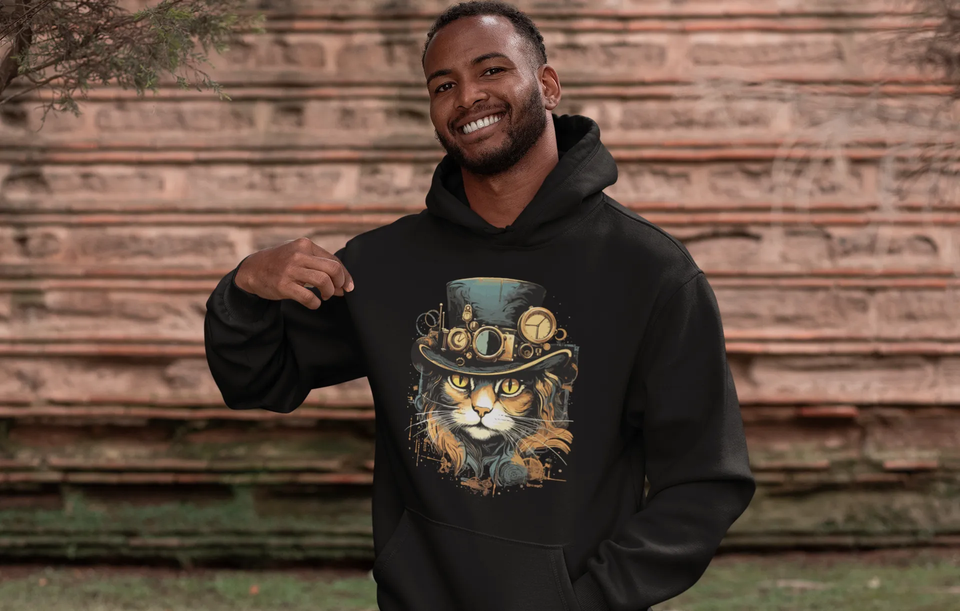 Herren Hoodie mit Katzenmotiv "Steampunk Cat"