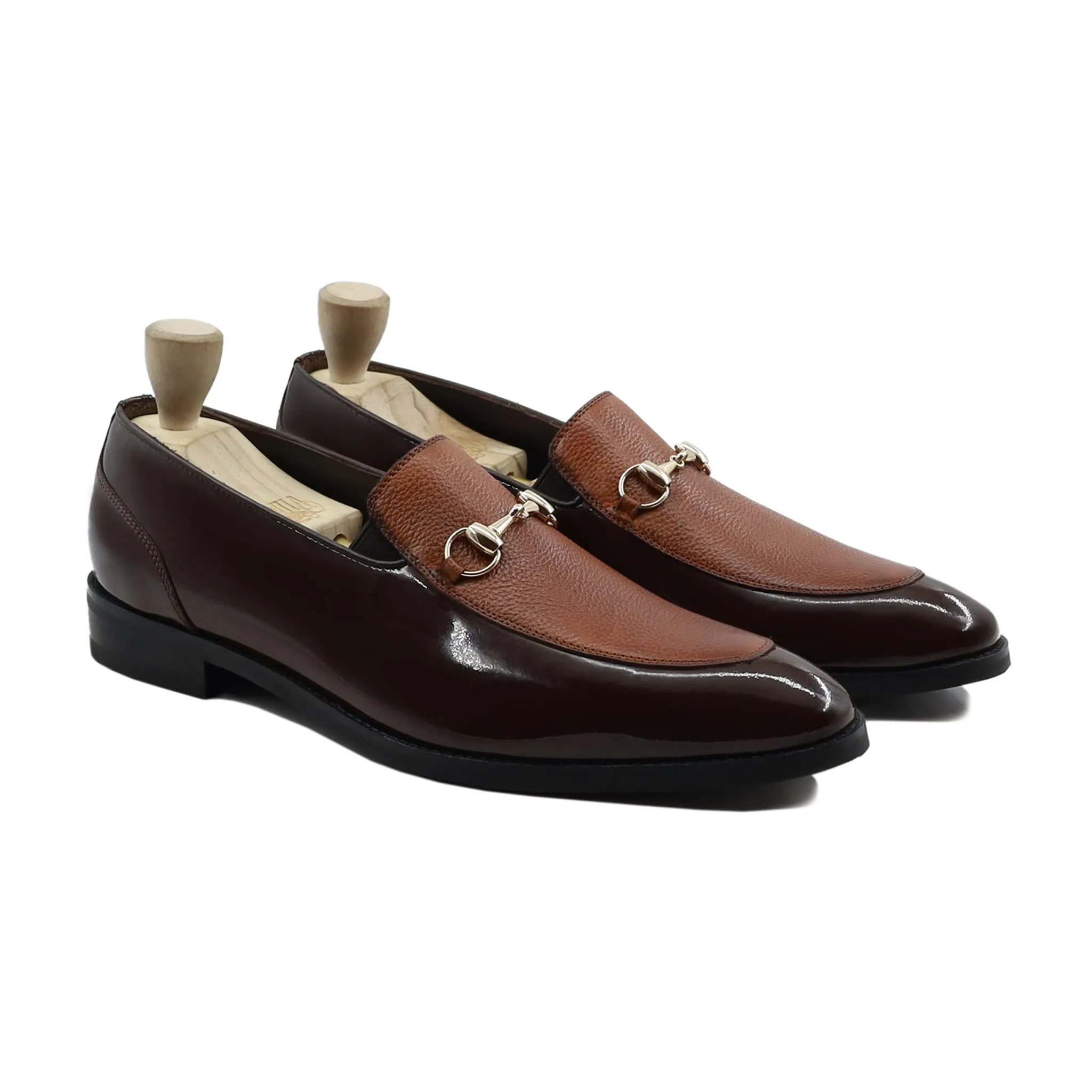 Heuchera -  Men's Dark Brown Patent And Brown Pebble Grain Loafer