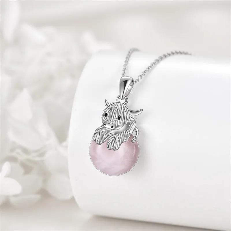 Highland Cow Necklace Sterling Silver Rose Quartz Pendant Jewelry Gift for Women Girls