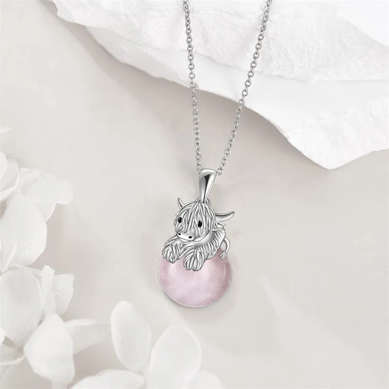 Highland Cow Necklace Sterling Silver Rose Quartz Pendant Jewelry Gift for Women Girls