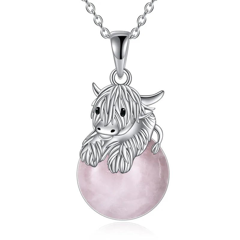 Highland Cow Necklace Sterling Silver Rose Quartz Pendant Jewelry Gift for Women Girls