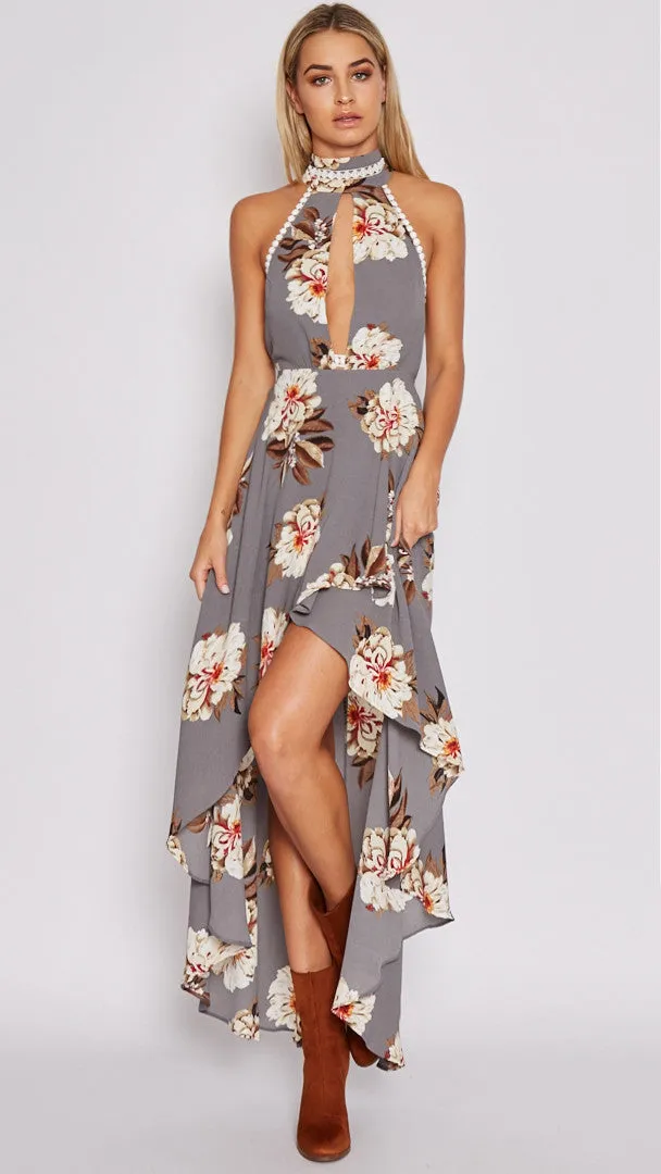 Hollow Floral Irregular Maxi Dress