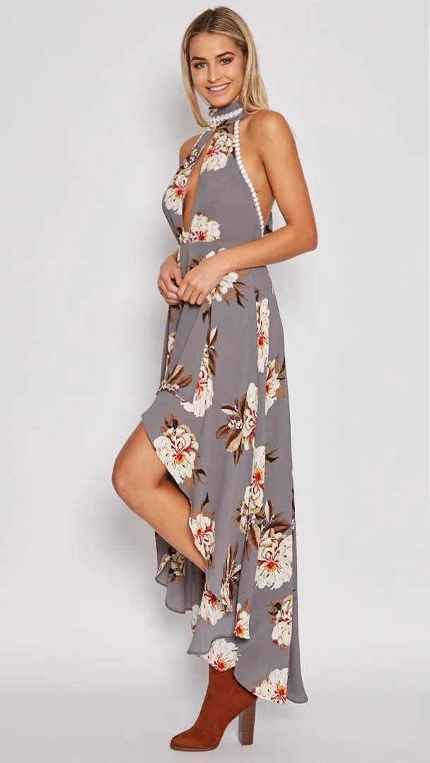 Hollow Floral Irregular Maxi Dress