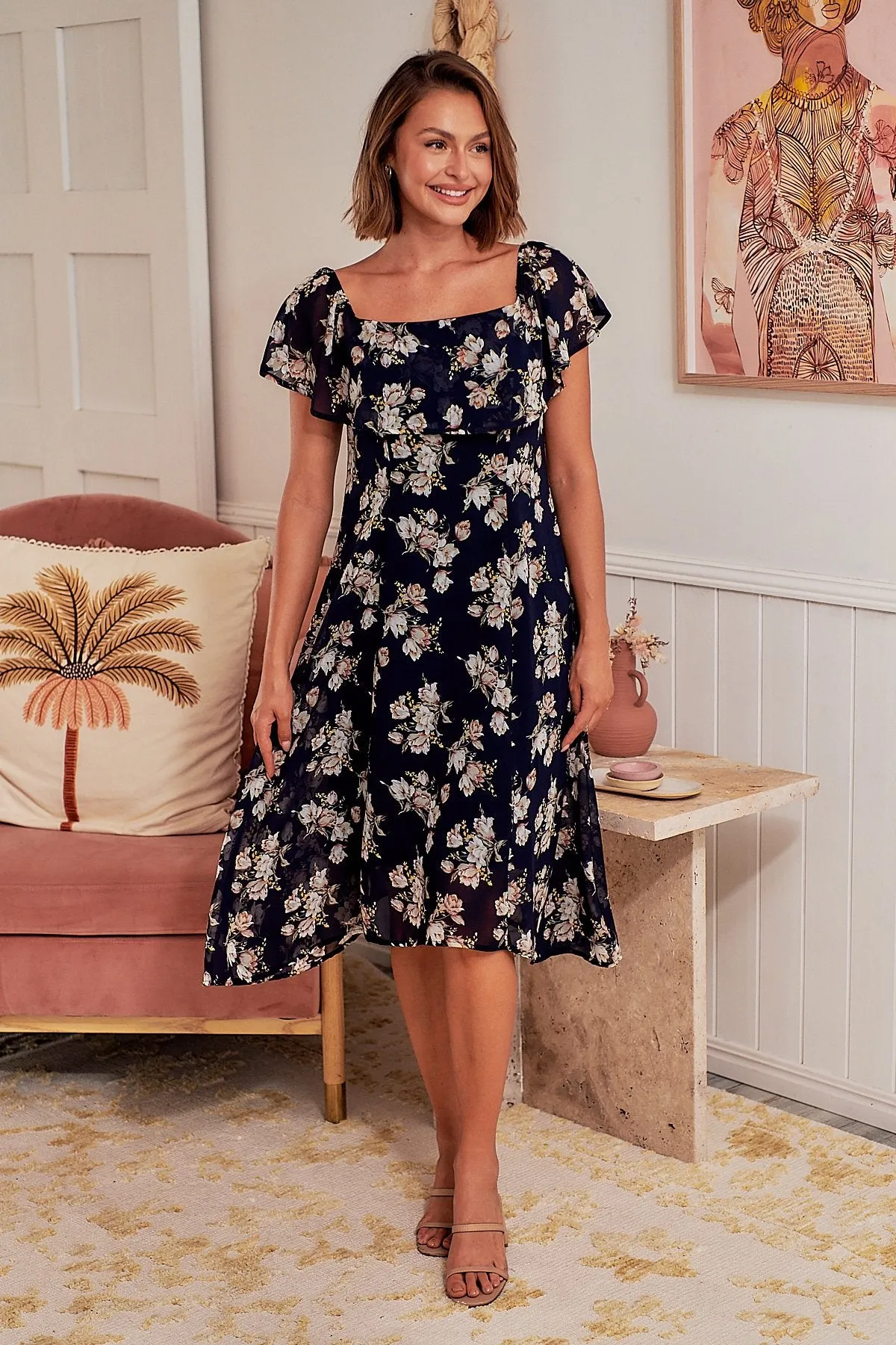 Honey Chiffon Navy Floral Dress