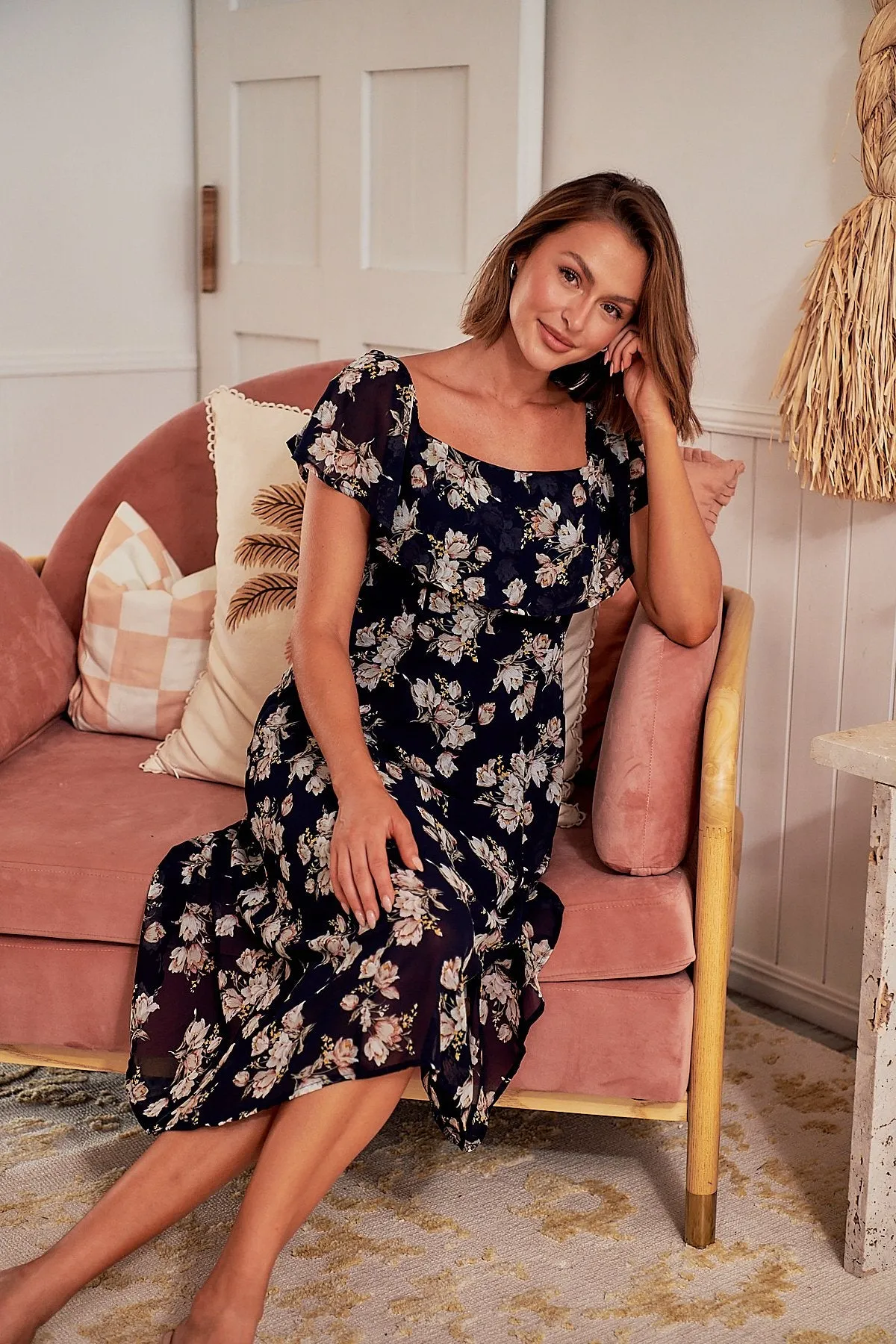 Honey Chiffon Navy Floral Dress