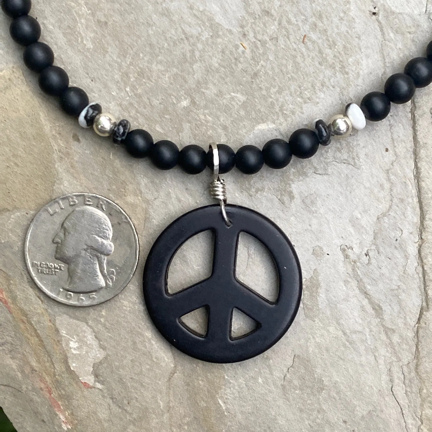 Howlite Peace Sign, Onyx, Sterling Silver, and Zebra Jasper Necklace