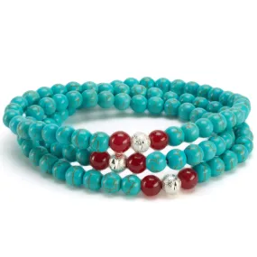 Howlite Turquoise 6mm Beads with Red Agate & Silver Sparkly Accent Beads Triple Wrap Gemstone Elastic Bracelet