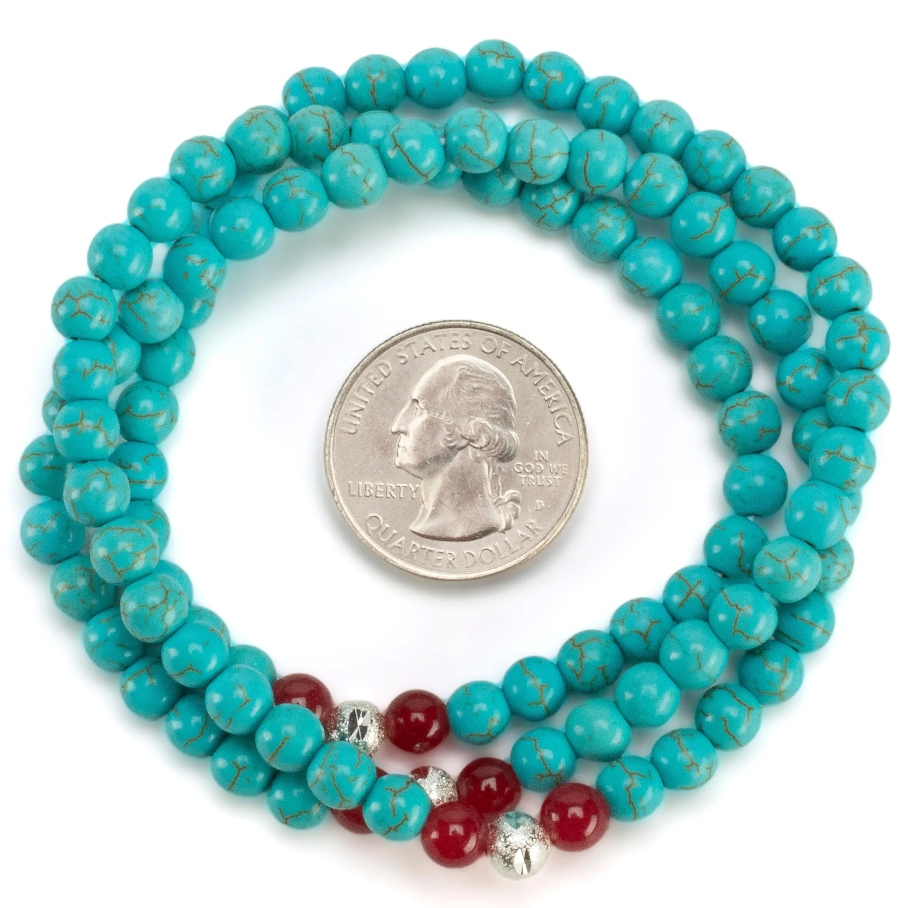 Howlite Turquoise 6mm Beads with Red Agate & Silver Sparkly Accent Beads Triple Wrap Gemstone Elastic Bracelet