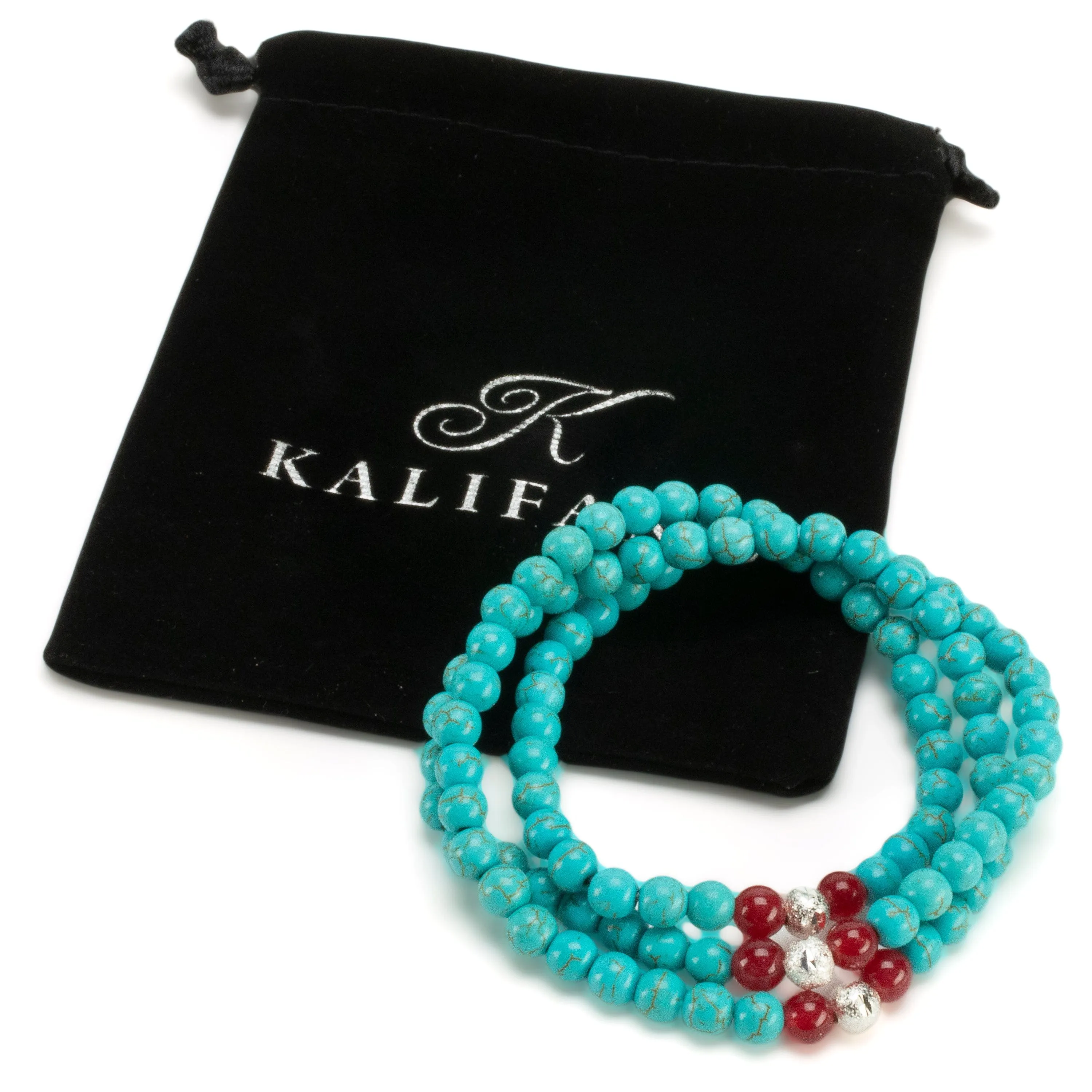 Howlite Turquoise 6mm Beads with Red Agate & Silver Sparkly Accent Beads Triple Wrap Gemstone Elastic Bracelet