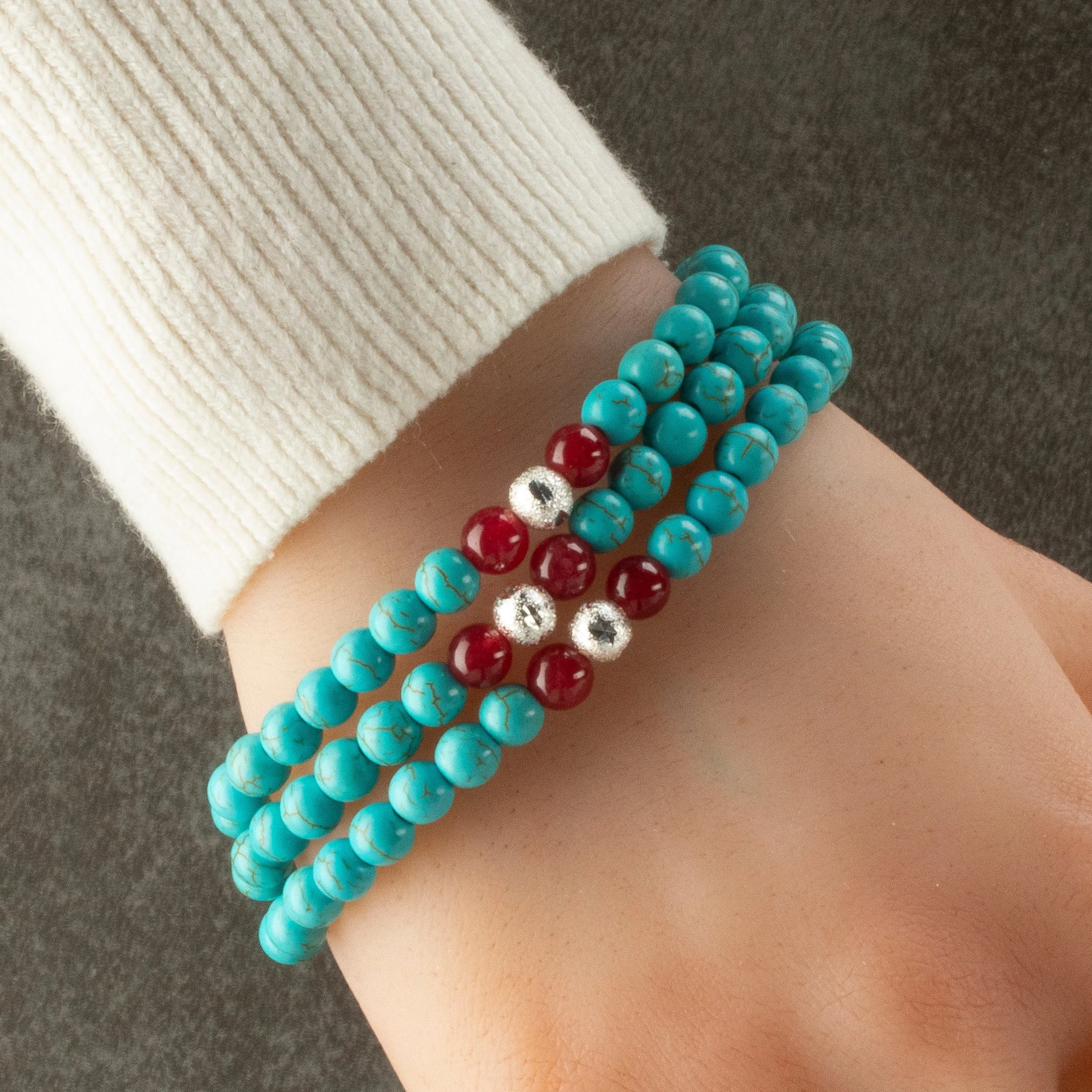 Howlite Turquoise 6mm Beads with Red Agate & Silver Sparkly Accent Beads Triple Wrap Gemstone Elastic Bracelet