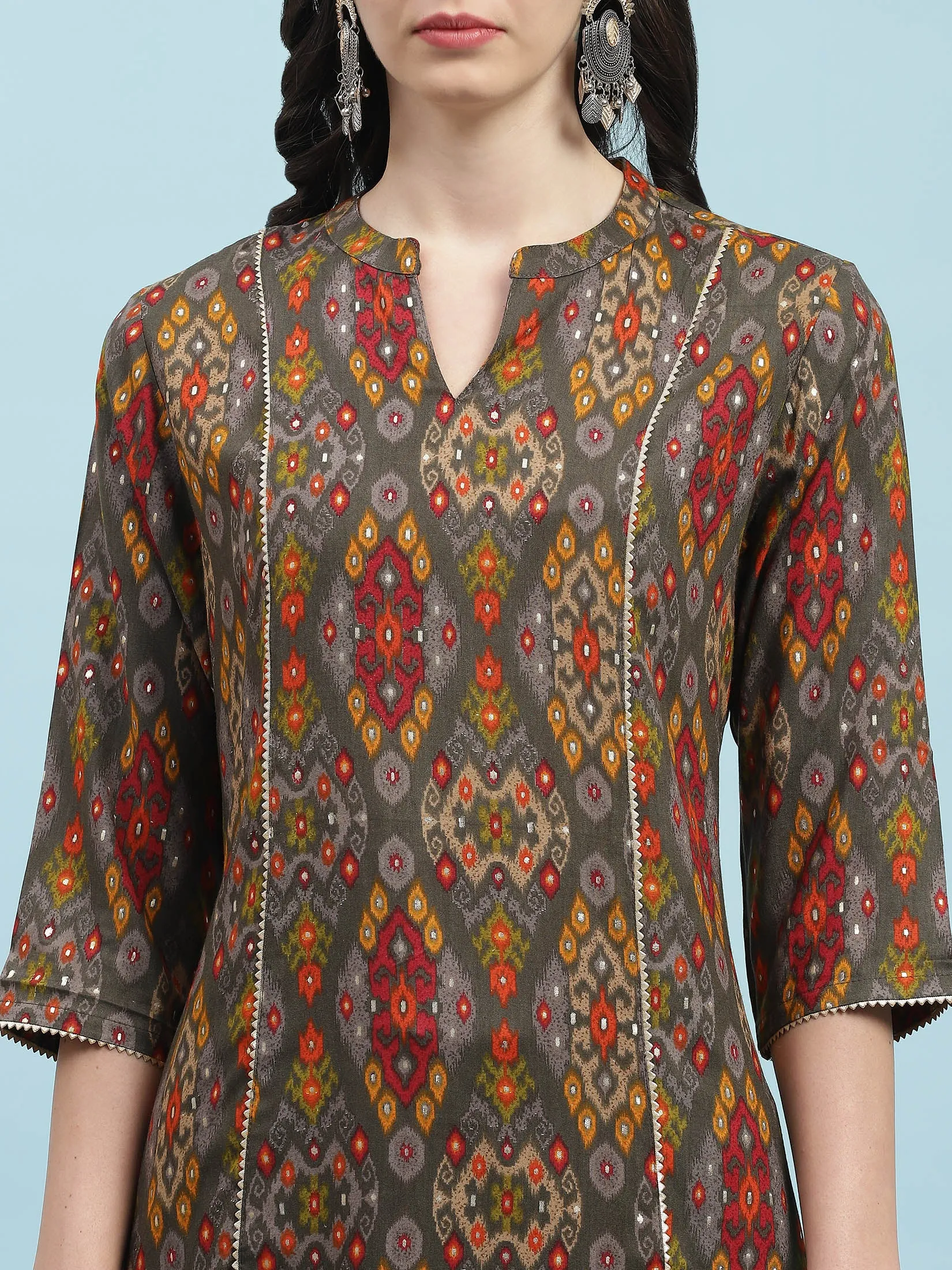 Indiessence Grey Aztec Printed Kurta