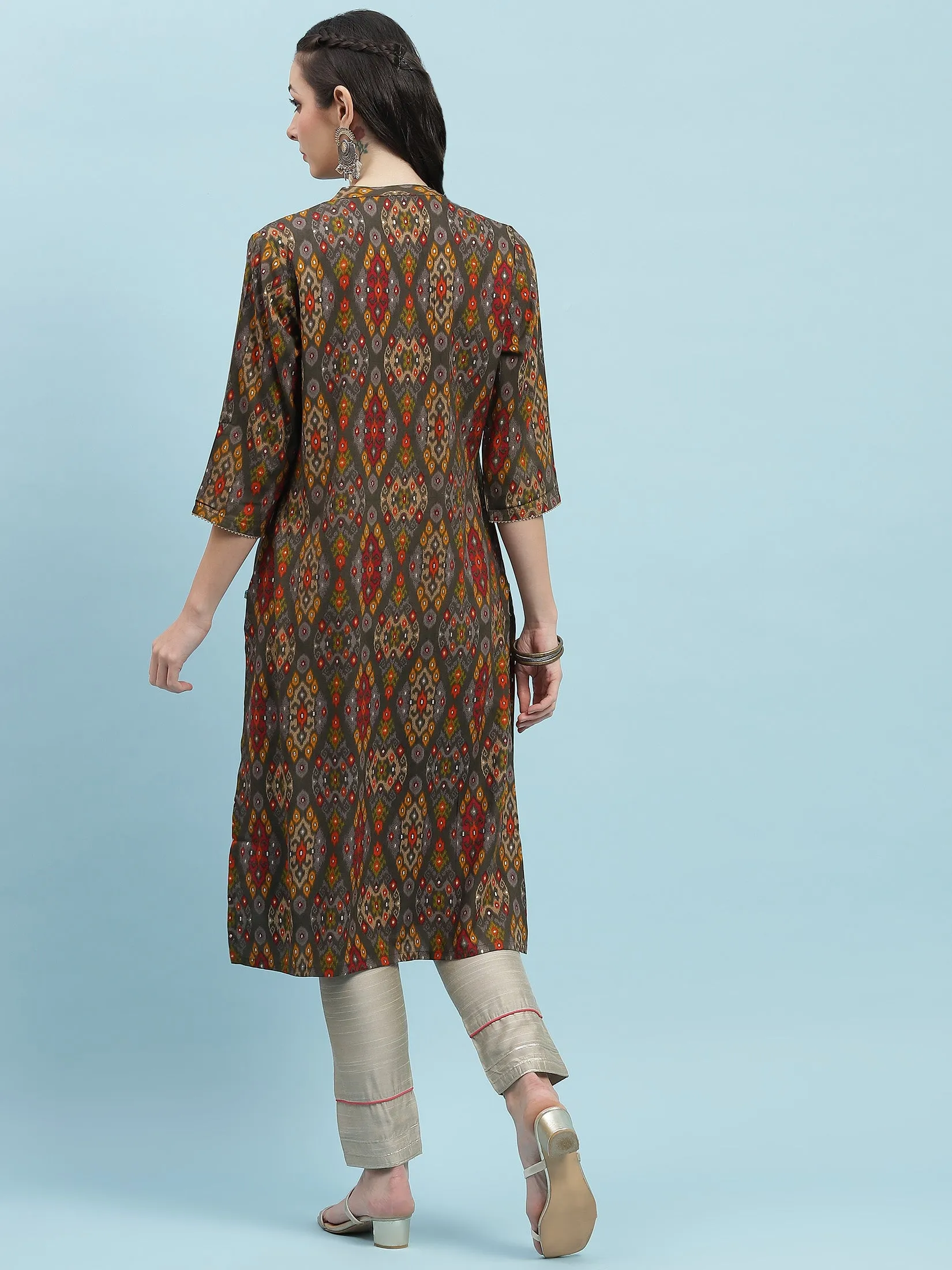 Indiessence Grey Aztec Printed Kurta