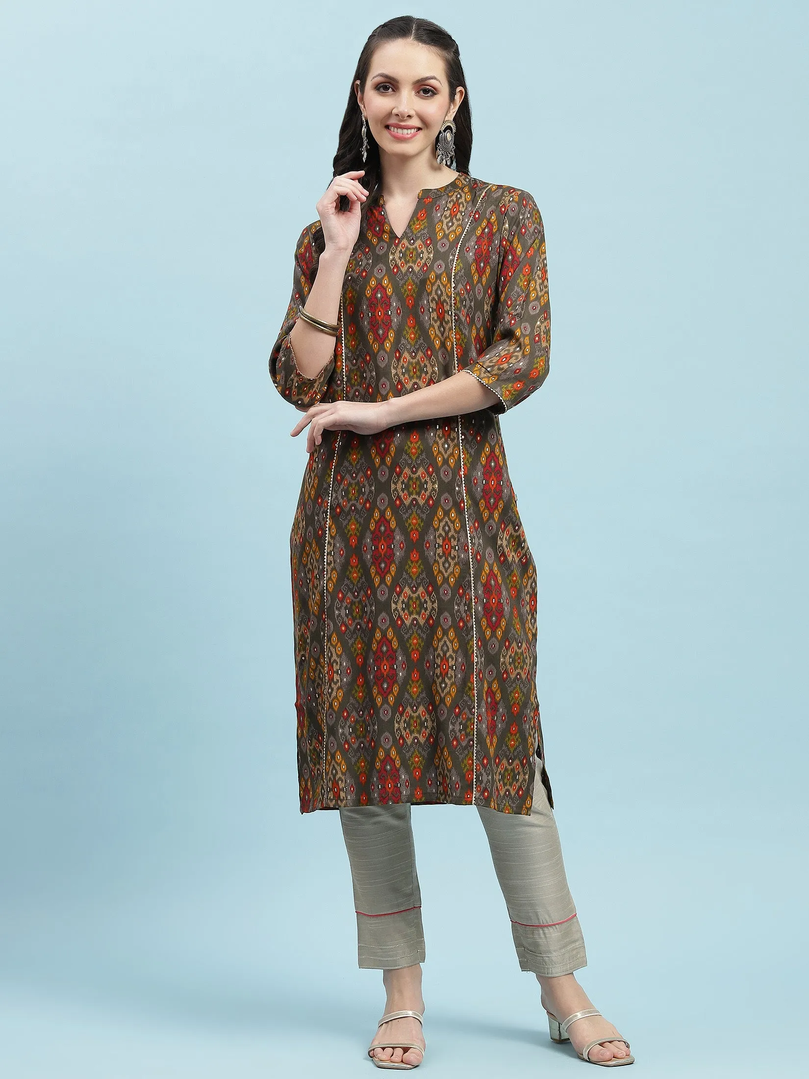 Indiessence Grey Aztec Printed Kurta