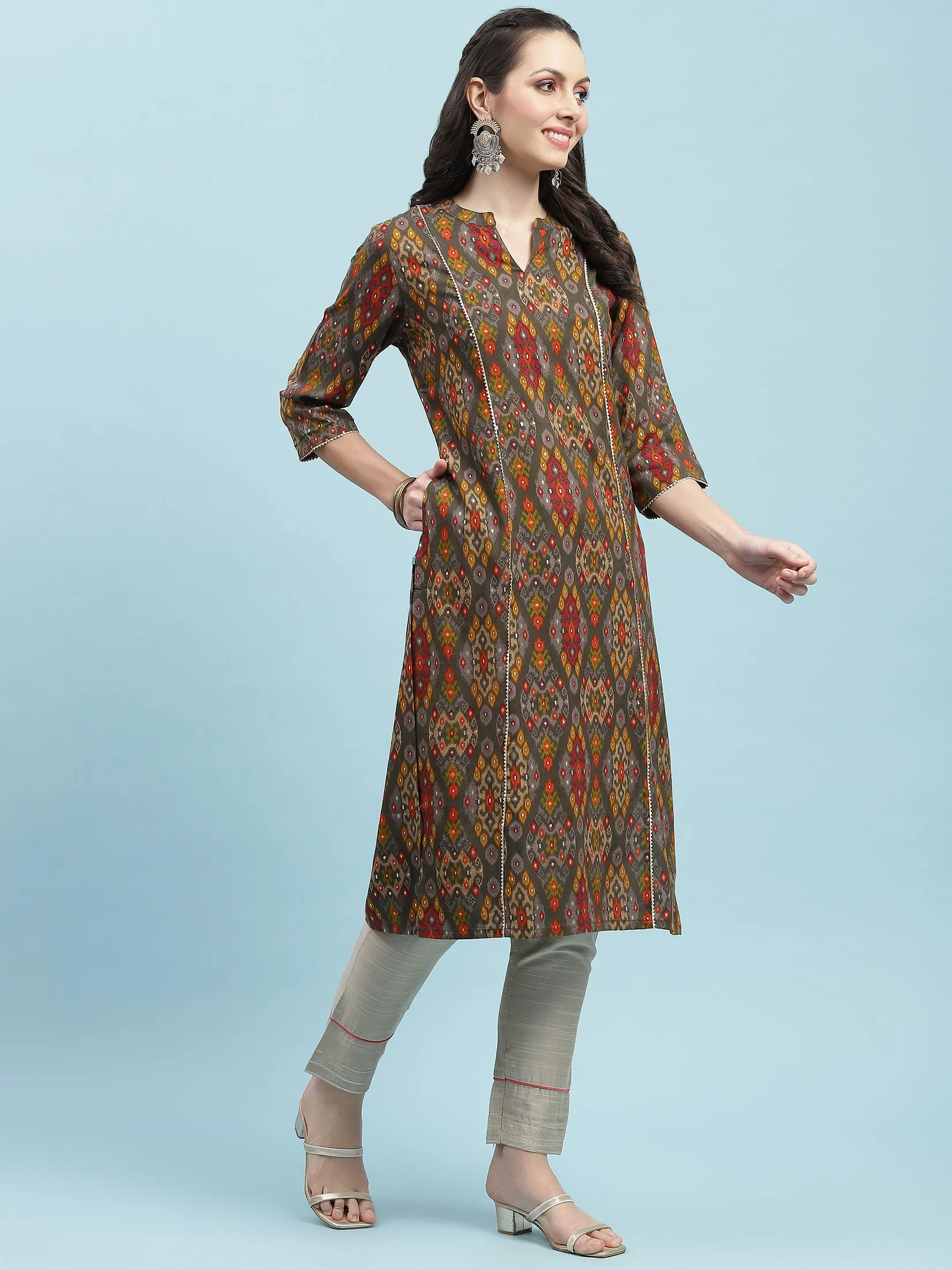 Indiessence Grey Aztec Printed Kurta