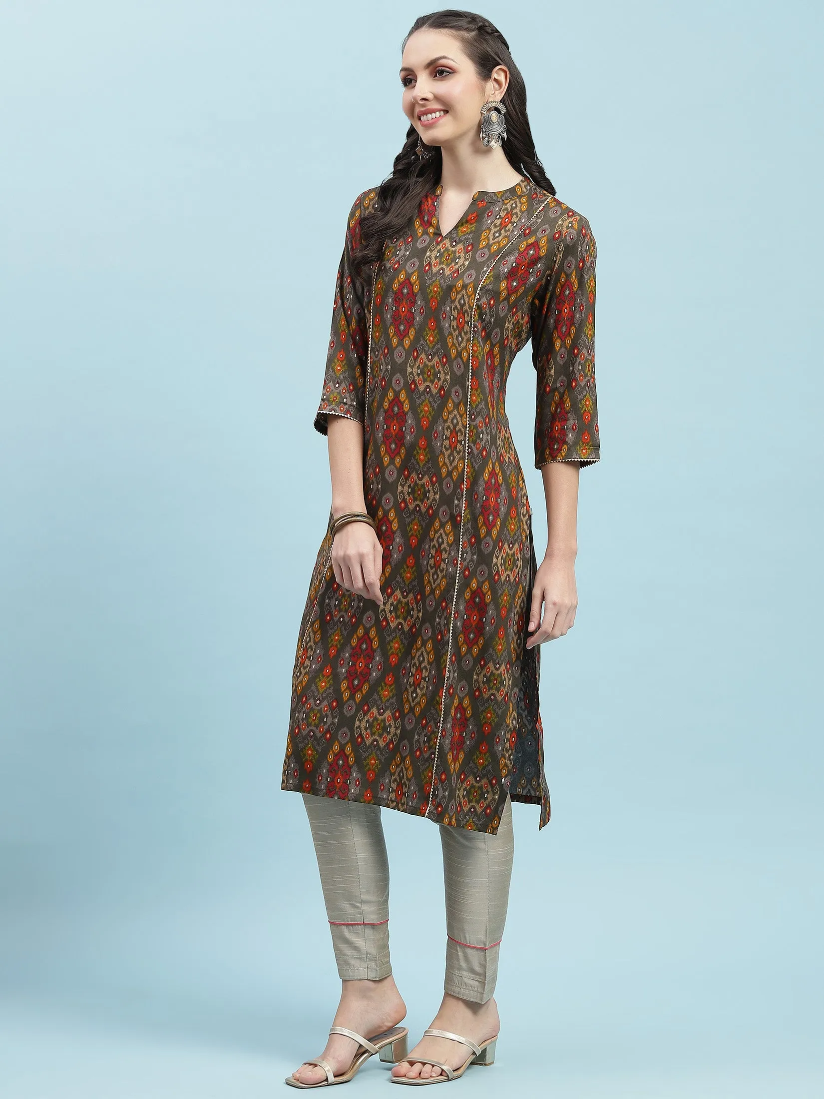 Indiessence Grey Aztec Printed Kurta