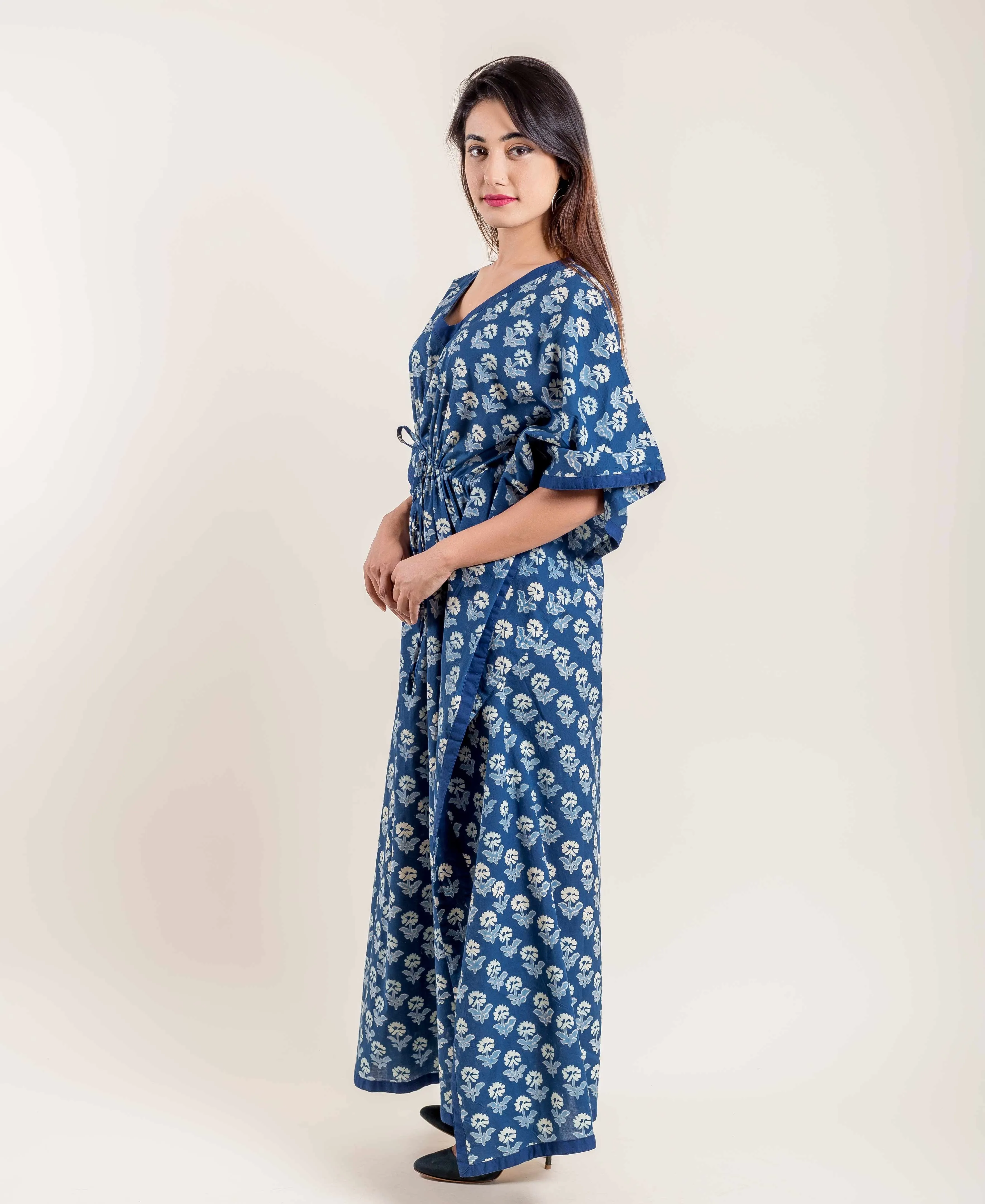 Indigo Floral Hand Block Printed V Neck Kaftan