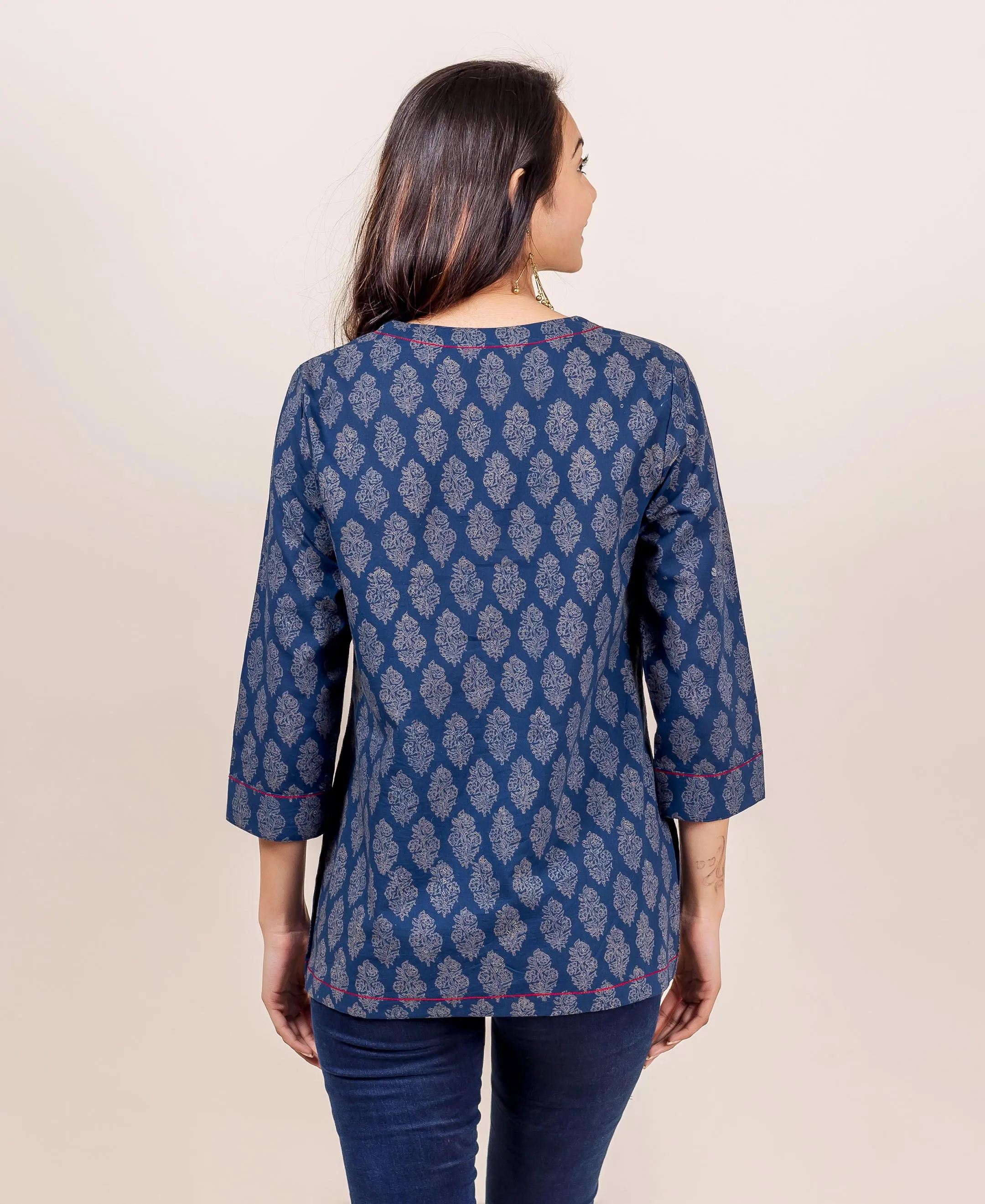 Indigo Hand Block Printed Top with Piping