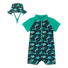 Infant Dino Print Swim Romper and Hat