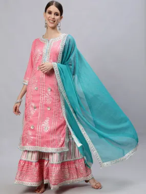 Intricate Salmon Kurta Sharara & Dupatta Set