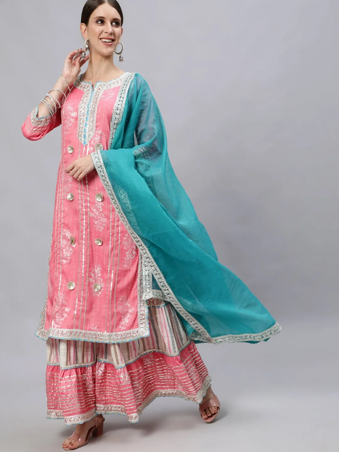 Intricate Salmon Kurta Sharara & Dupatta Set