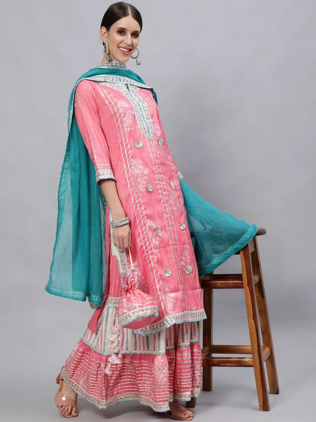 Intricate Salmon Kurta Sharara & Dupatta Set