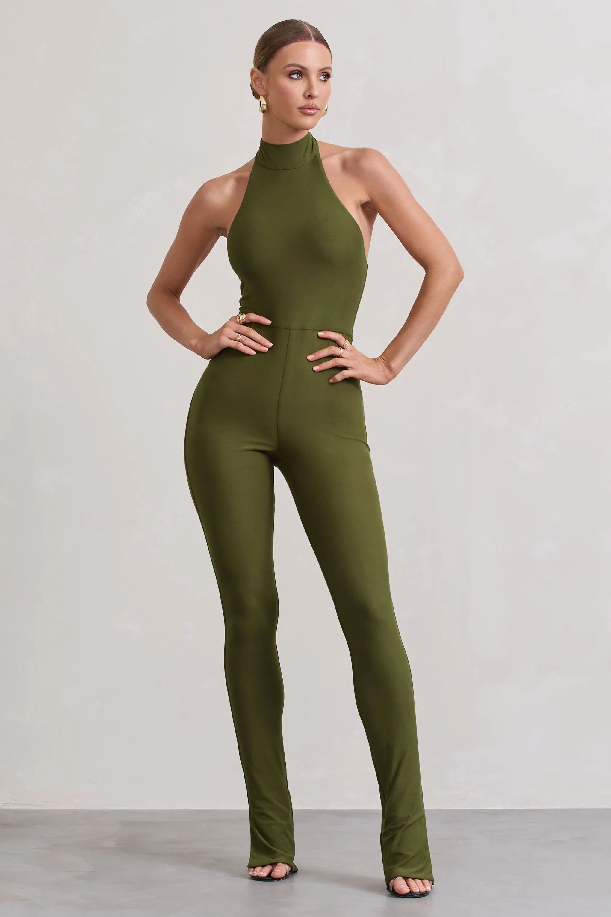 Jayda | Moss Green High-Neck Slim-Leg Jumpsuit