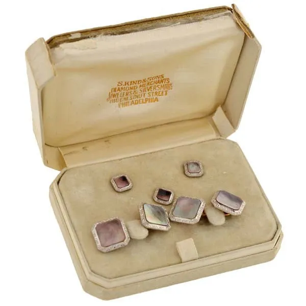 KREMENTZ Edwardian 14kt Platinum Black Mother of Pearl 5-Piece Cufflink Set