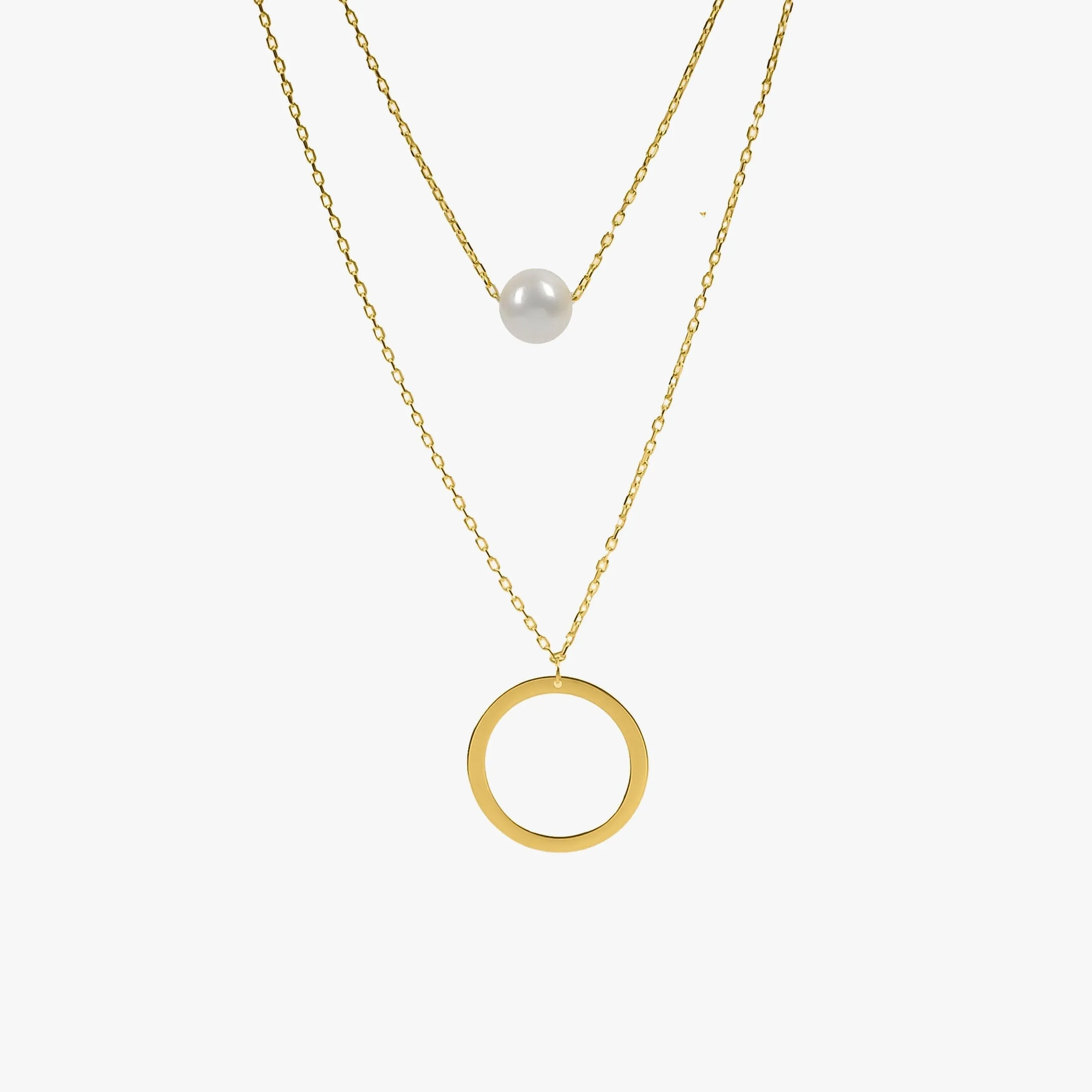 Layered Pearl and Circle Necklace | 14K Solid Gold