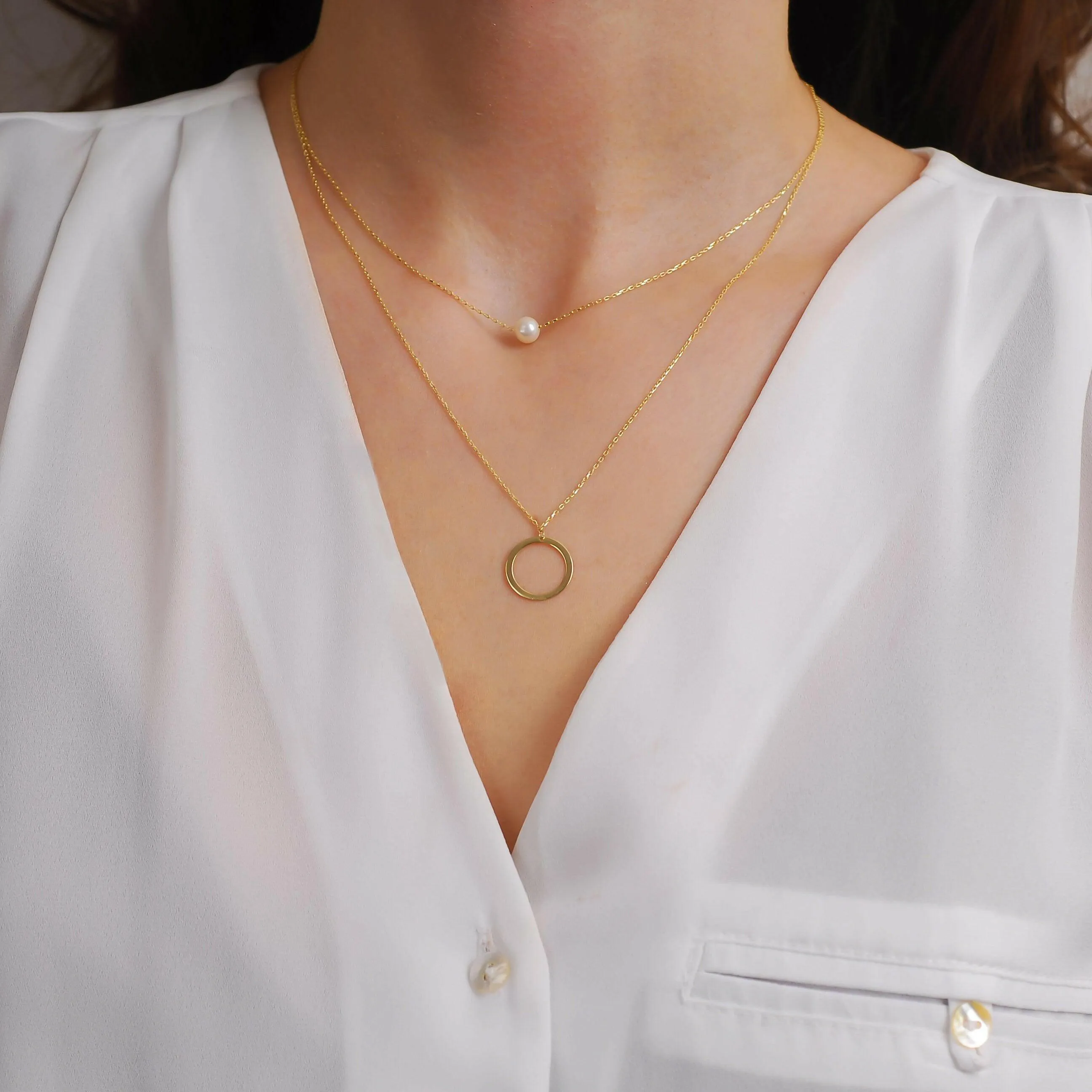 Layered Pearl and Circle Necklace | 14K Solid Gold