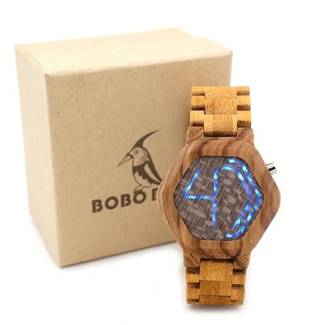 LED Display Natural Bamboo Wooden Wristwatch