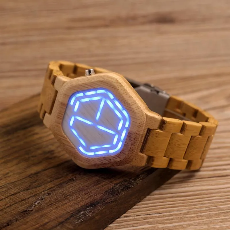 LED Display Natural Bamboo Wooden Wristwatch